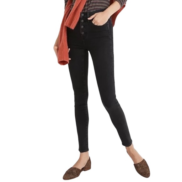 Madewell 9” Mid-Rise Button Fly Skinny Stretch Jeans in Dark Black Wash - Picture 1 of 13
